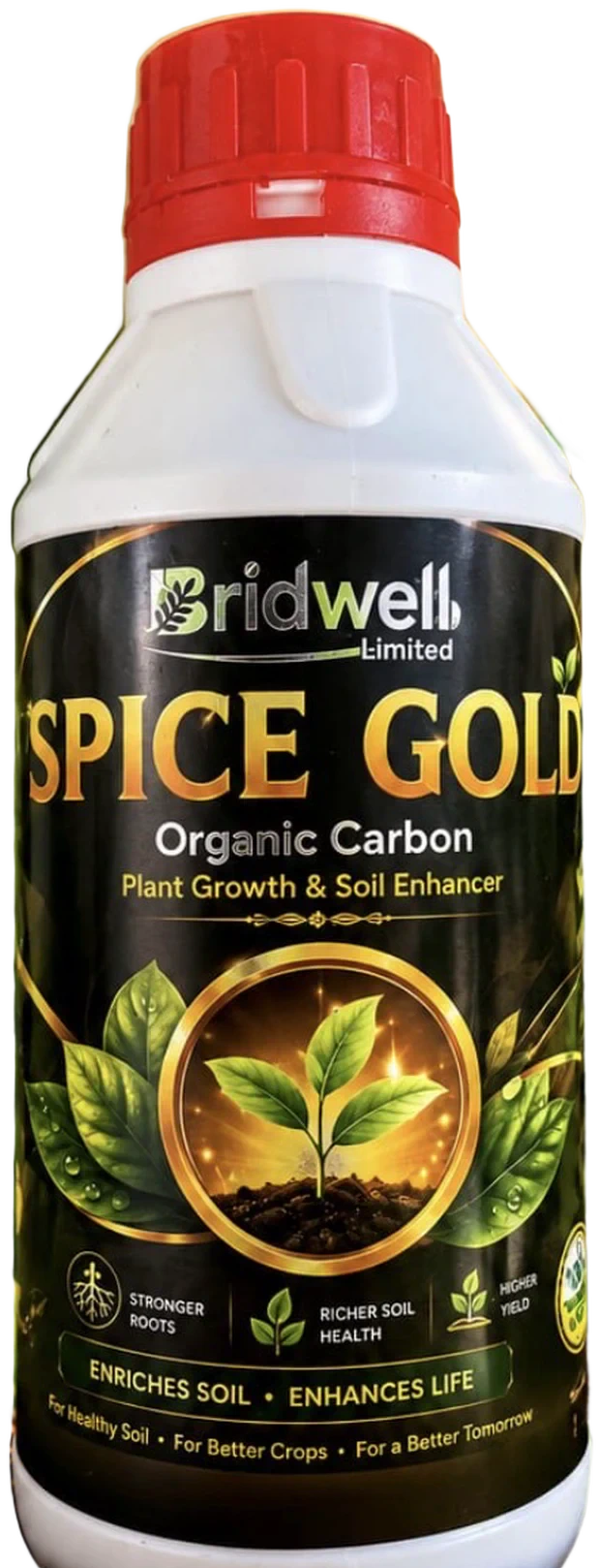 Bridwell Spice Gold, a one litre bottle of organic carbon soil enhancer