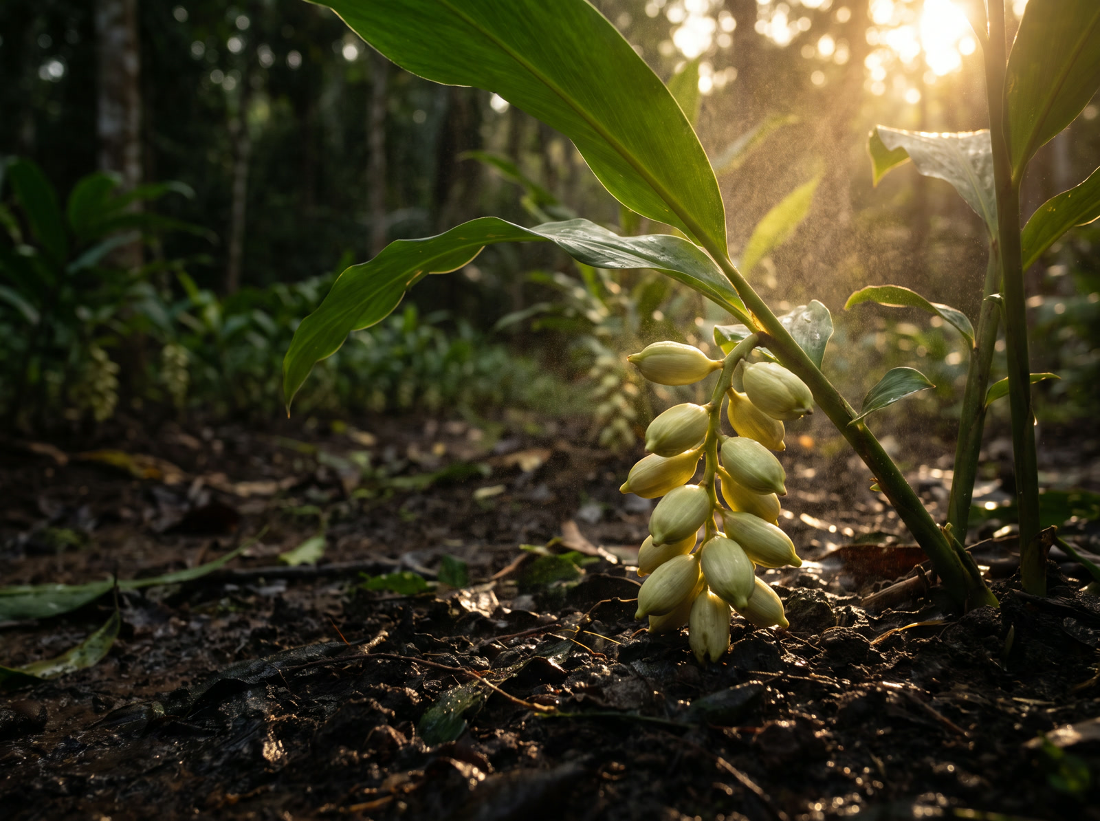 Green cardamom pods on the stem in a Kerala plantation at first light